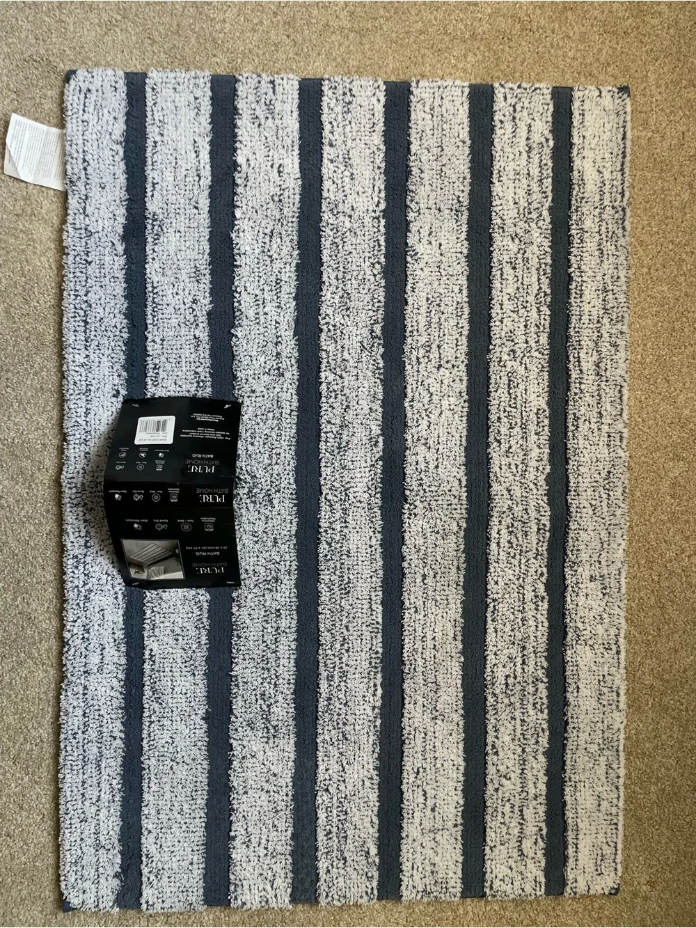 Navy and White Striped Plush Bath Rug